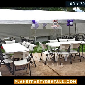 10x30 White Party Tent with Sidewalls and Plastic Chairs and Rectangular Tables