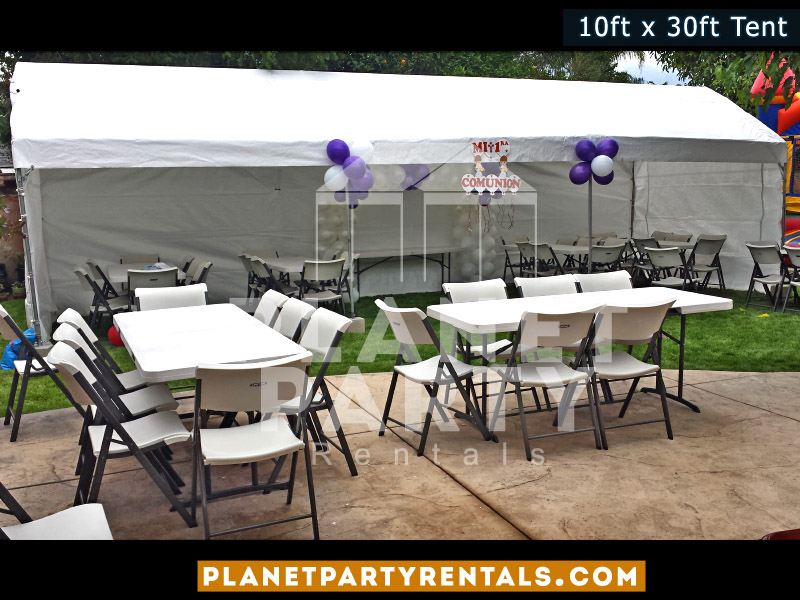 10x30 White Party Tent with   Sidewalls and Plastic Chairs and Rectangular Tables