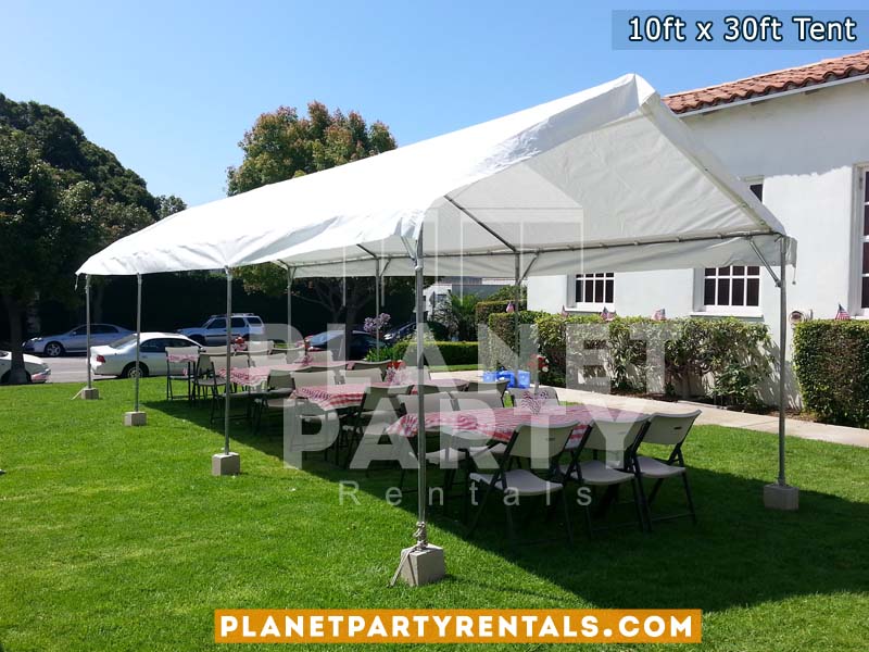 10x30 White Party Tent with Plastic Chairs and Rectangular Tables