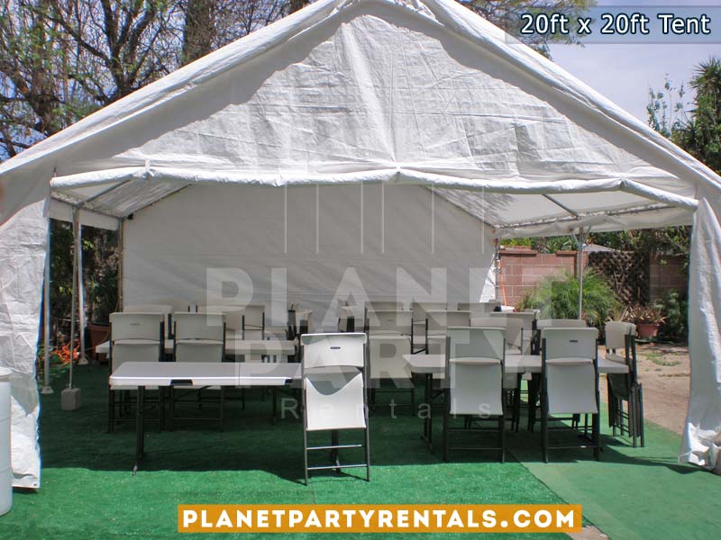 Medium sized party tent 20x20 Tent, white plastic chairs and rectangular tables