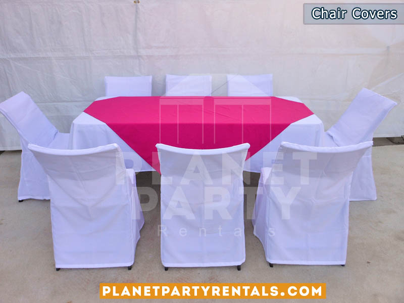 White chair covers on white plastic chairs | Table Cloth Linen Rentals | San Fernando Valley