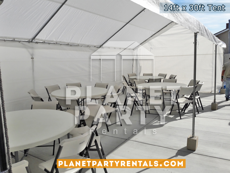 14ft x 30ft White Tent with Round Tables and Plastic Chairs
