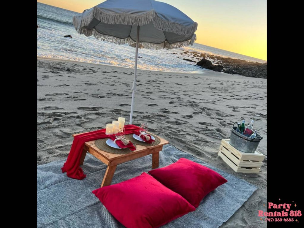 Red Pillows with Sweetheart Table and Umbrella 