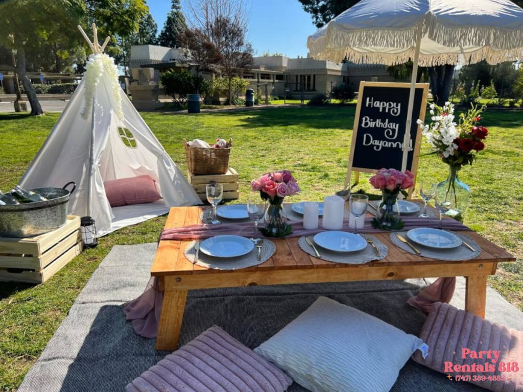 Picnic Park Setup with Umbrella, Wooden Table (Runner), Pillows and Teepee House